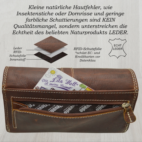 flevado Damengeldbörse Echt Leder RFID Schutz Schnallenoptik Klickverschluss Dunkelbraun-Glattleder